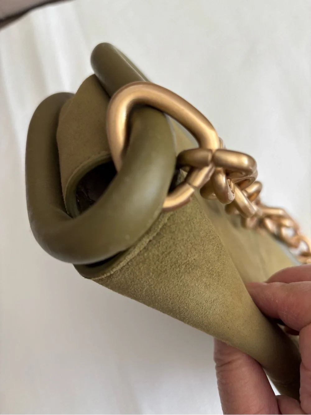 cult gaia Olive Suede Shoulder Bag with Gold Chain
